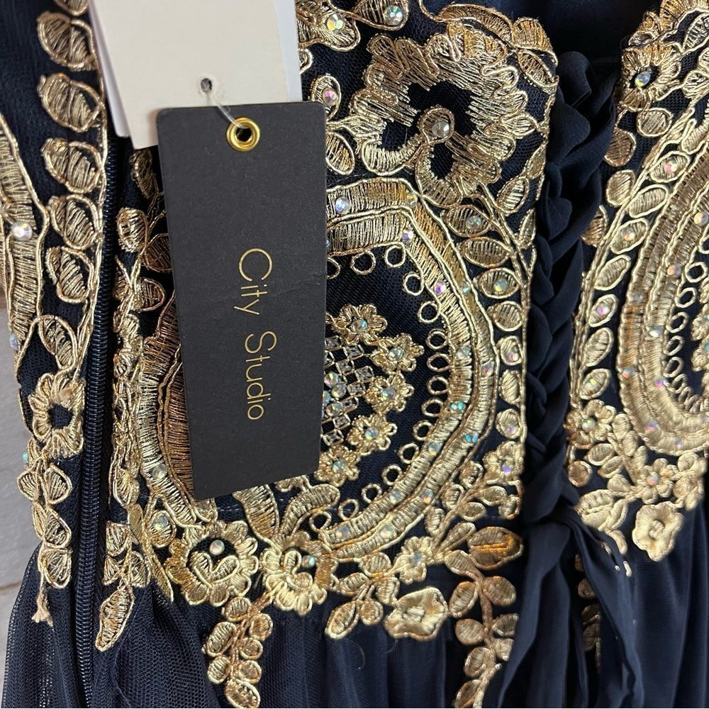 City Studio Special Occasion Strapless Dress Juniors Navy & Gold 5 NWT - Picture 13 of 14